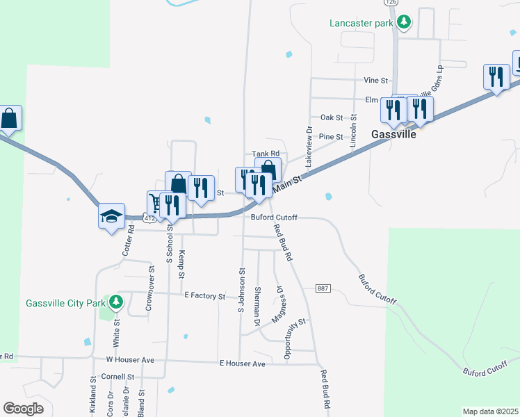 map of restaurants, bars, coffee shops, grocery stores, and more near 413 East Main Street in Gassville
