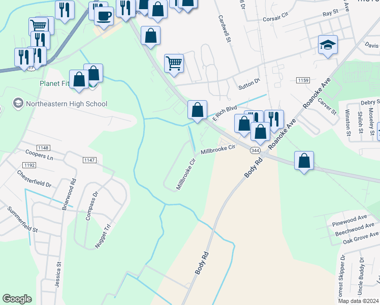 map of restaurants, bars, coffee shops, grocery stores, and more near 103 Mac Drive in Elizabeth City