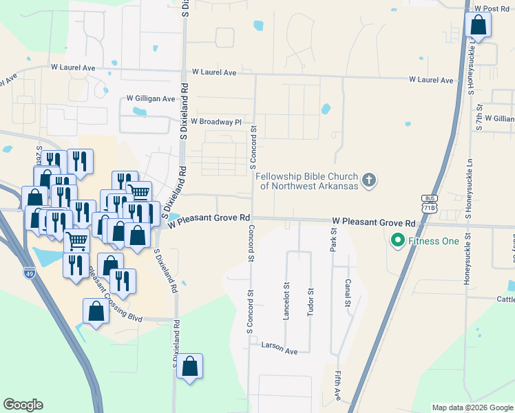 map of restaurants, bars, coffee shops, grocery stores, and more near 4107 South Concord Street in Rogers