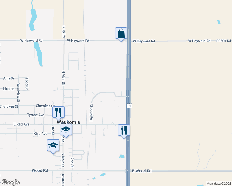 map of restaurants, bars, coffee shops, grocery stores, and more near 706 Highland Drive in Waukomis