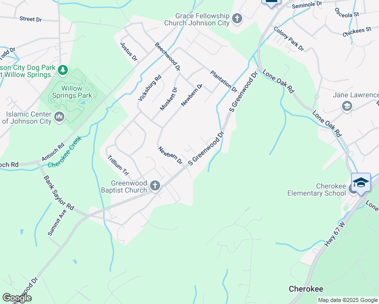 map of restaurants, bars, coffee shops, grocery stores, and more near 2913 South Greenwood Drive in Johnson City