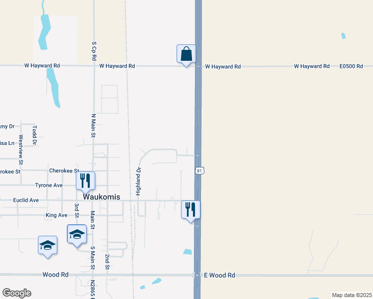 map of restaurants, bars, coffee shops, grocery stores, and more near 706 Highland Drive in Waukomis