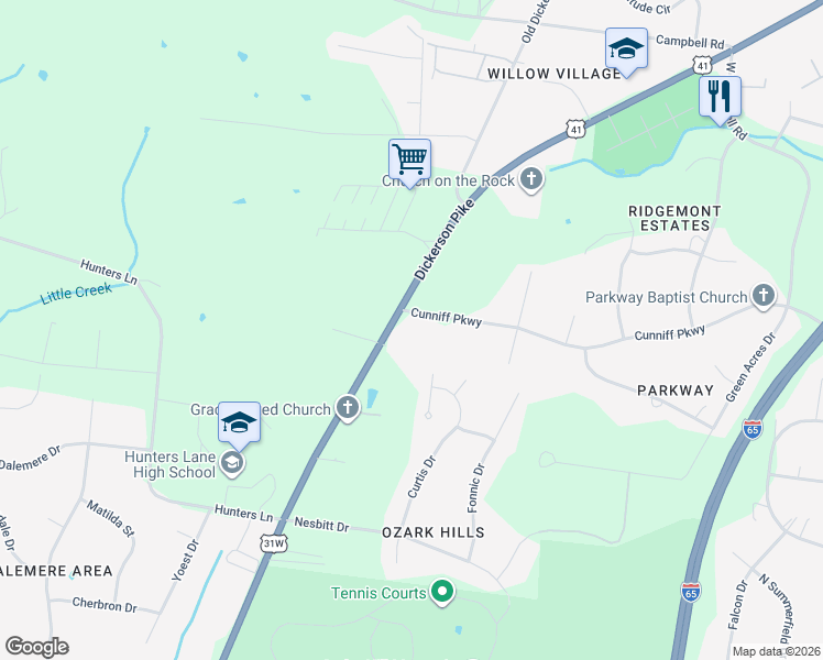 map of restaurants, bars, coffee shops, grocery stores, and more near 1416 South Dickerson Road in Goodlettsville