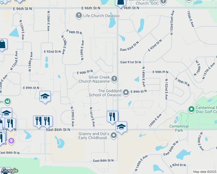 map of restaurants, bars, coffee shops, grocery stores, and more near 14135 East 88th Street North in Owasso