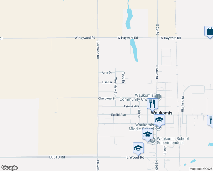 map of restaurants, bars, coffee shops, grocery stores, and more near 611 Lisa Lane in Waukomis