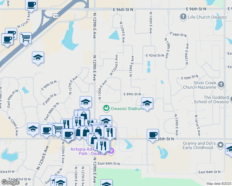map of restaurants, bars, coffee shops, grocery stores, and more near 8813 North 131st East Court in Owasso