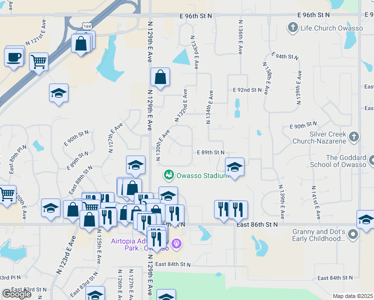 map of restaurants, bars, coffee shops, grocery stores, and more near 8813 North 131st East Court in Owasso