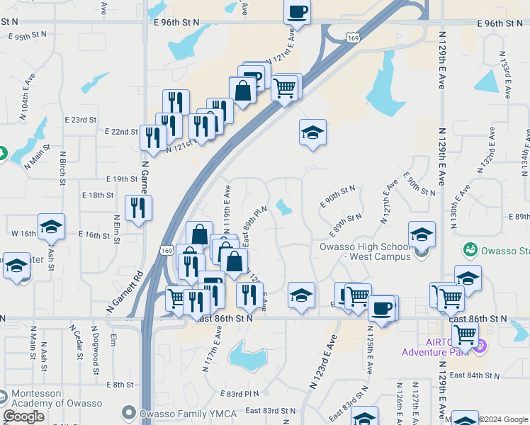 map of restaurants, bars, coffee shops, grocery stores, and more near 12012 East 89th Place North in Owasso