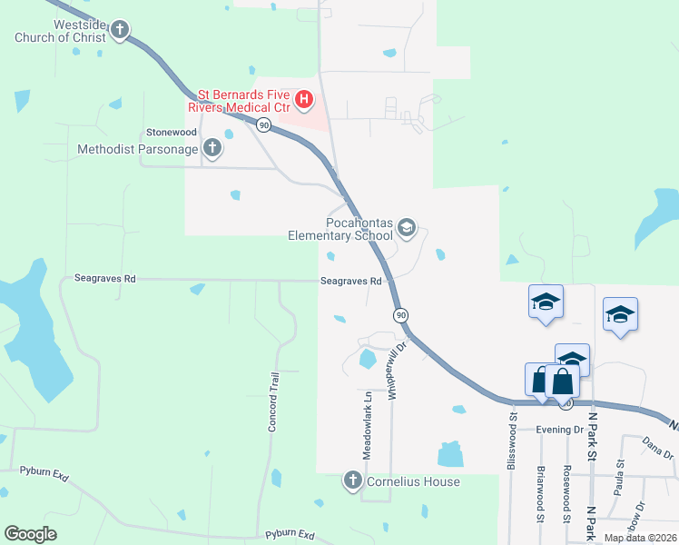 map of restaurants, bars, coffee shops, grocery stores, and more near 2055 Seagraves Road in Pocahontas
