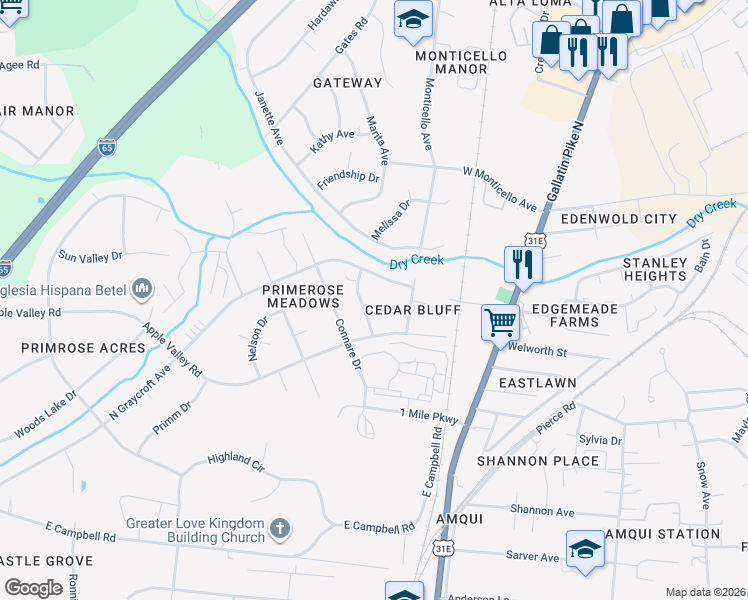 map of restaurants, bars, coffee shops, grocery stores, and more near 227 Macfie Drive in Nashville