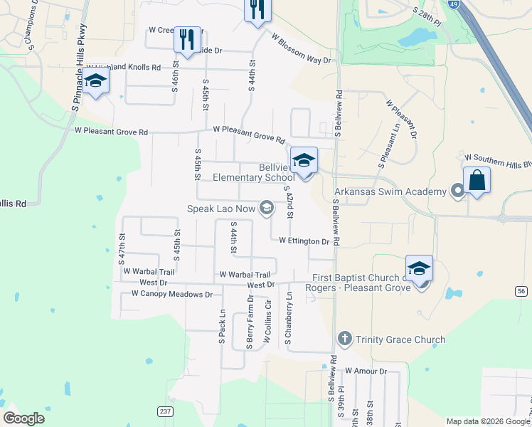 map of restaurants, bars, coffee shops, grocery stores, and more near 5604 South 43rd Street in Rogers