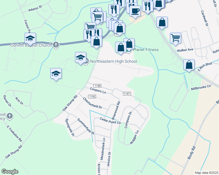 map of restaurants, bars, coffee shops, grocery stores, and more near 120 Chappell Gardens Drive in Elizabeth City