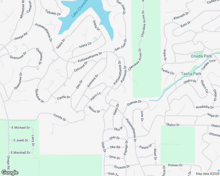 map of restaurants, bars, coffee shops, grocery stores, and more near Pottawattamie Drive in Cherokee Village