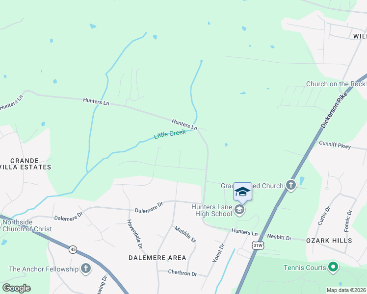 map of restaurants, bars, coffee shops, grocery stores, and more near 1315 Hunters Lane in Nashville