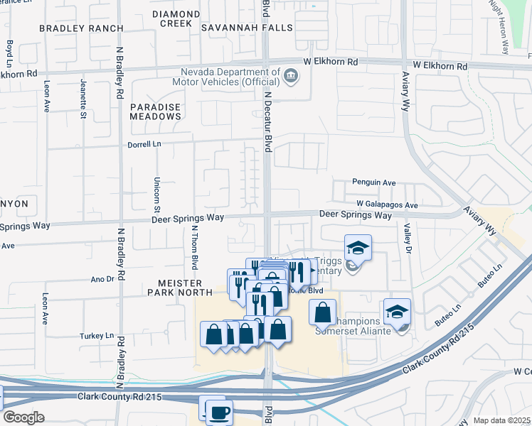 map of restaurants, bars, coffee shops, grocery stores, and more near North Decatur Boulevard & Deer Springs Way in North Las Vegas