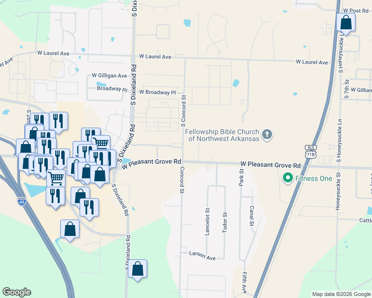 map of restaurants, bars, coffee shops, grocery stores, and more near 4107 South Concord Street in Rogers