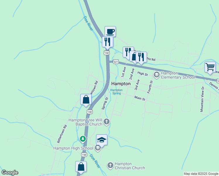 map of restaurants, bars, coffee shops, grocery stores, and more near 221 Spring Street in Hampton