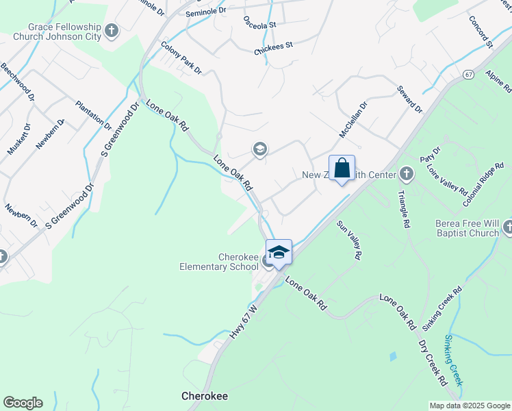 map of restaurants, bars, coffee shops, grocery stores, and more near 1610 Lone Oak Road in Johnson City