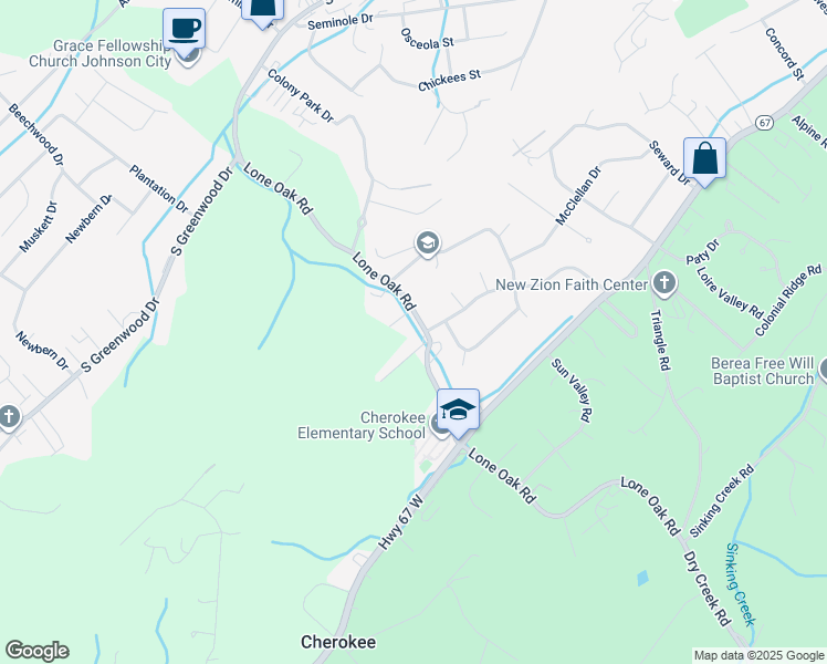 map of restaurants, bars, coffee shops, grocery stores, and more near 1610 Lone Oak Road in Johnson City