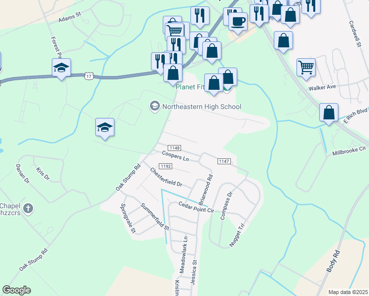 map of restaurants, bars, coffee shops, grocery stores, and more near 112 Chappell Gardens Drive in Elizabeth City