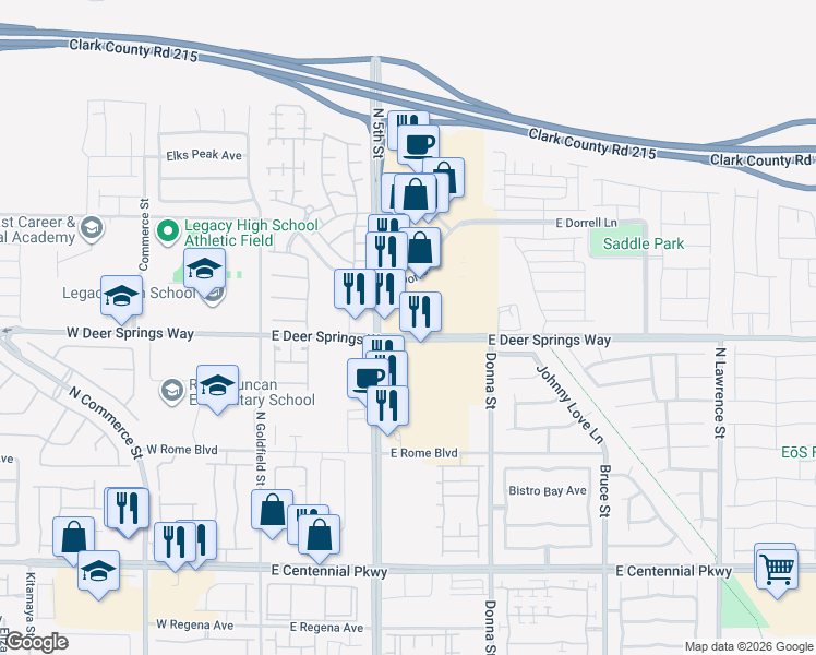 map of restaurants, bars, coffee shops, grocery stores, and more near 640 East Deer Springs Way in North Las Vegas