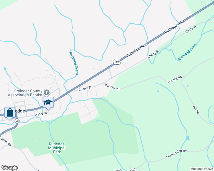 map of restaurants, bars, coffee shops, grocery stores, and more near 136 Doc Hill Road in Rutledge