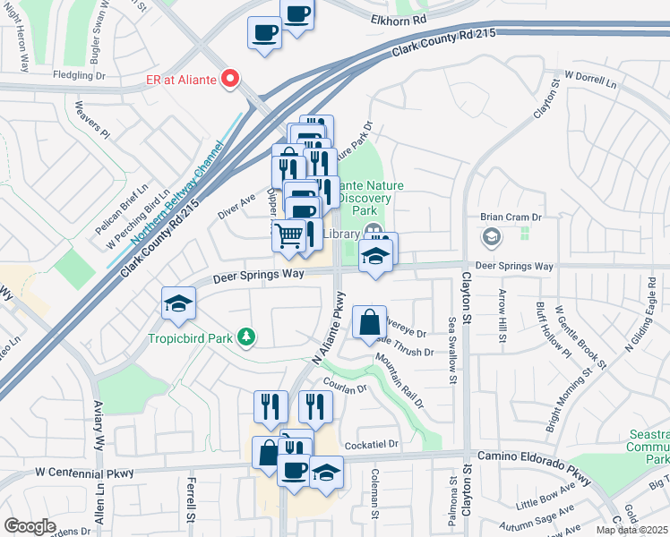 map of restaurants, bars, coffee shops, grocery stores, and more near N Aliante Pkwy & Deer Springs Rd in North Las Vegas