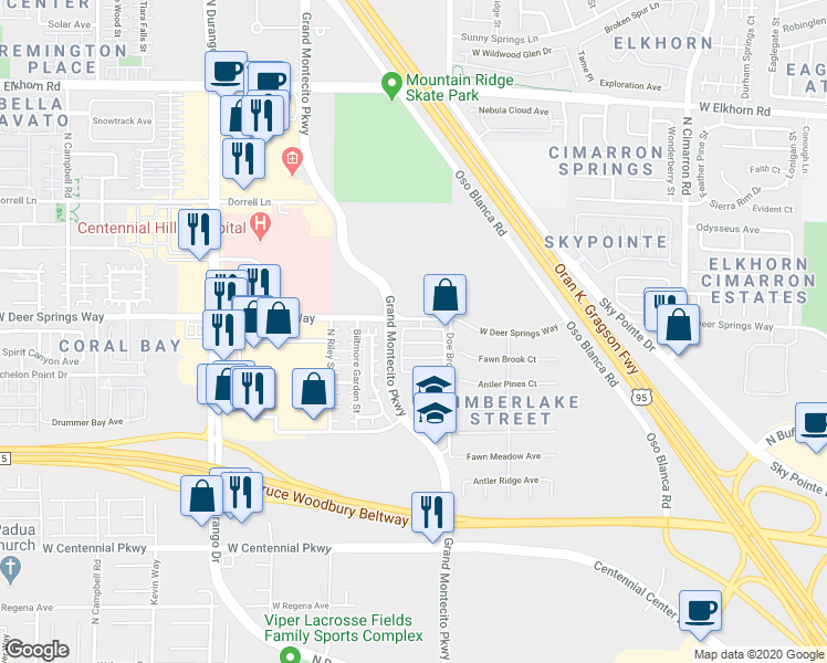 map of restaurants, bars, coffee shops, grocery stores, and more near 8419 Lucero Avenue in Las Vegas