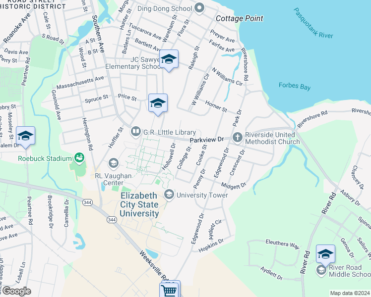 map of restaurants, bars, coffee shops, grocery stores, and more near 1411 College Street in Elizabeth City