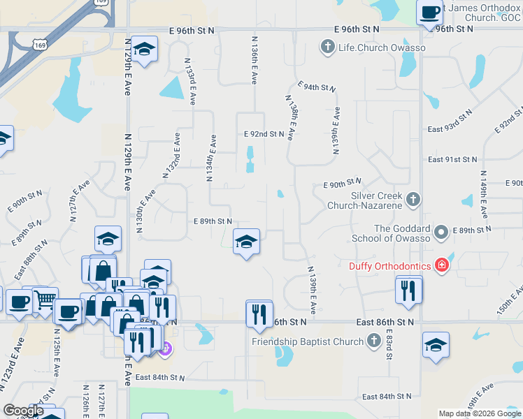 map of restaurants, bars, coffee shops, grocery stores, and more near 8905 North 137th East Avenue in Owasso