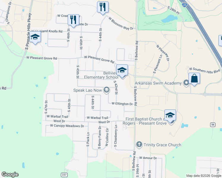 map of restaurants, bars, coffee shops, grocery stores, and more near 5604 South 43rd Street in Rogers