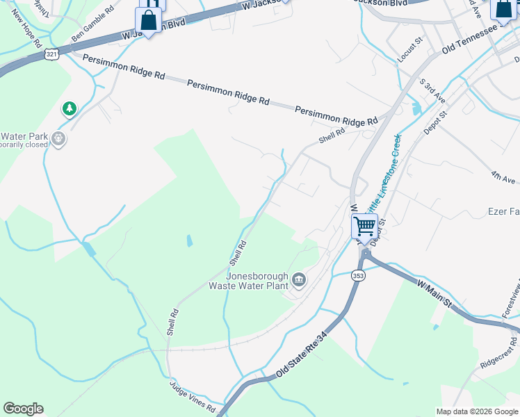 map of restaurants, bars, coffee shops, grocery stores, and more near 1222 Shell Road in Jonesborough