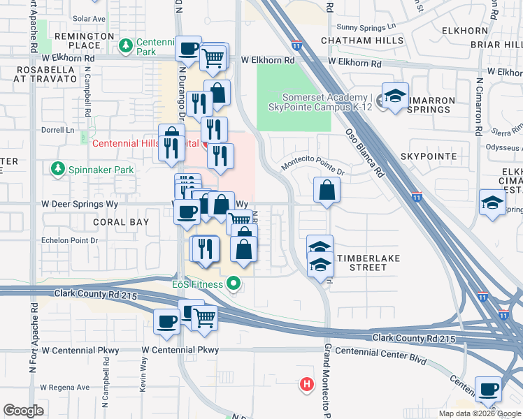 map of restaurants, bars, coffee shops, grocery stores, and more near 8564 Rhamus Court in Las Vegas
