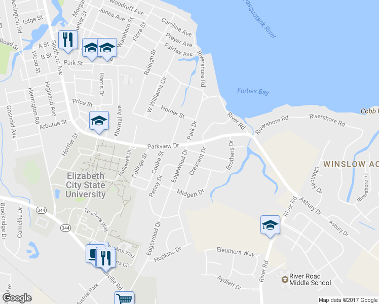 map of restaurants, bars, coffee shops, grocery stores, and more near 1408 Edgewood Drive in Elizabeth City