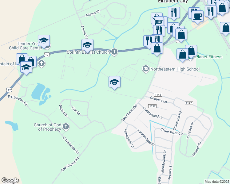 map of restaurants, bars, coffee shops, grocery stores, and more near 963 Oak Stump Road in Elizabeth City