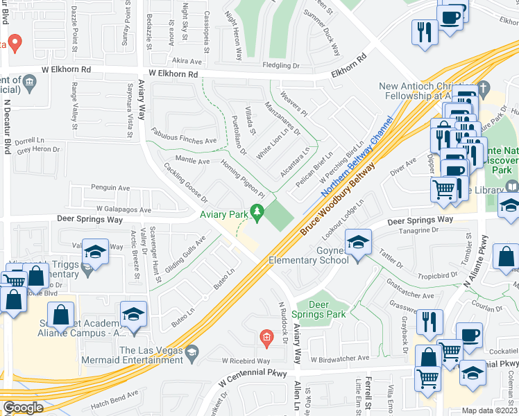 map of restaurants, bars, coffee shops, grocery stores, and more near 3825 Cackling Goose Drive in North Las Vegas