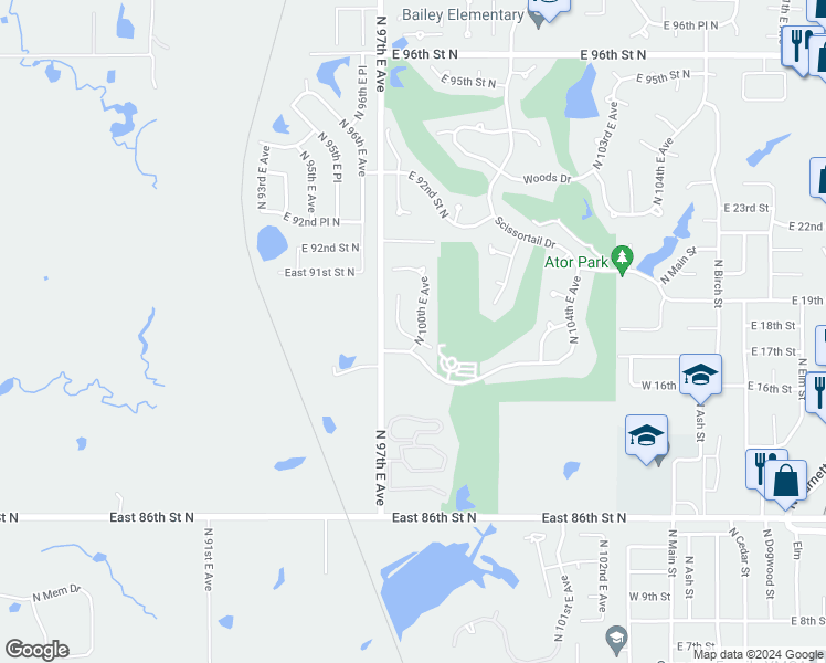 map of restaurants, bars, coffee shops, grocery stores, and more near 9907 East 90th Court North in Owasso