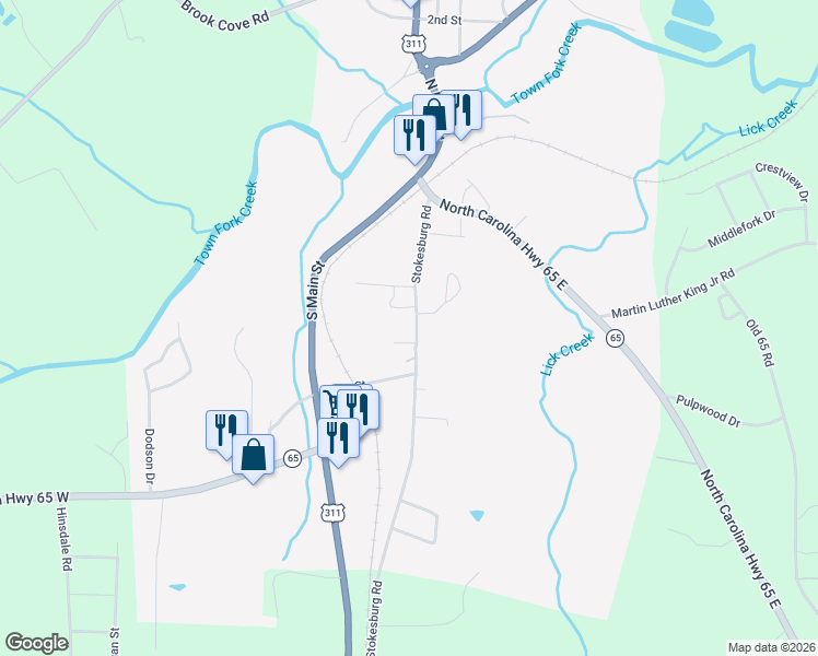 map of restaurants, bars, coffee shops, grocery stores, and more near 611 Stokesburg Road in Walnut Cove