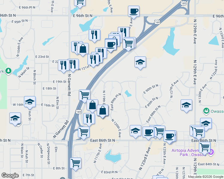 map of restaurants, bars, coffee shops, grocery stores, and more near 9028 North 120th East in Owasso
