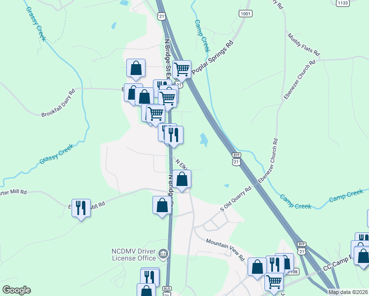 map of restaurants, bars, coffee shops, grocery stores, and more near 2161 North Bridge Street in Elkin