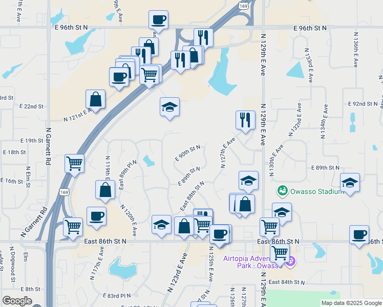 map of restaurants, bars, coffee shops, grocery stores, and more near 12414 East 90th Street North in Owasso