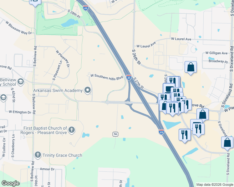 map of restaurants, bars, coffee shops, grocery stores, and more near 2821 West Pleasant Grove Road in Rogers