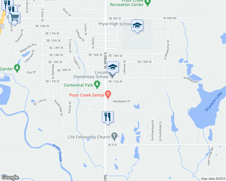 map of restaurants, bars, coffee shops, grocery stores, and more near 1707 South Elliott Street in Pryor Creek