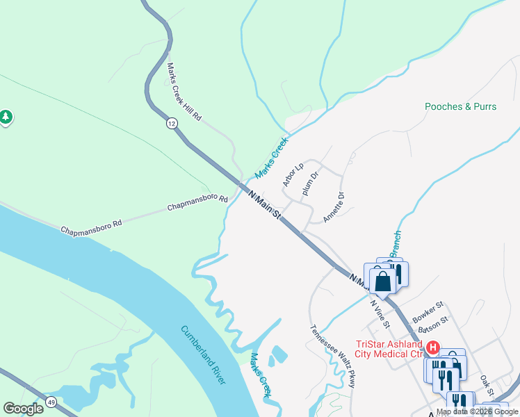 map of restaurants, bars, coffee shops, grocery stores, and more near 1212 North Main Street in Ashland City