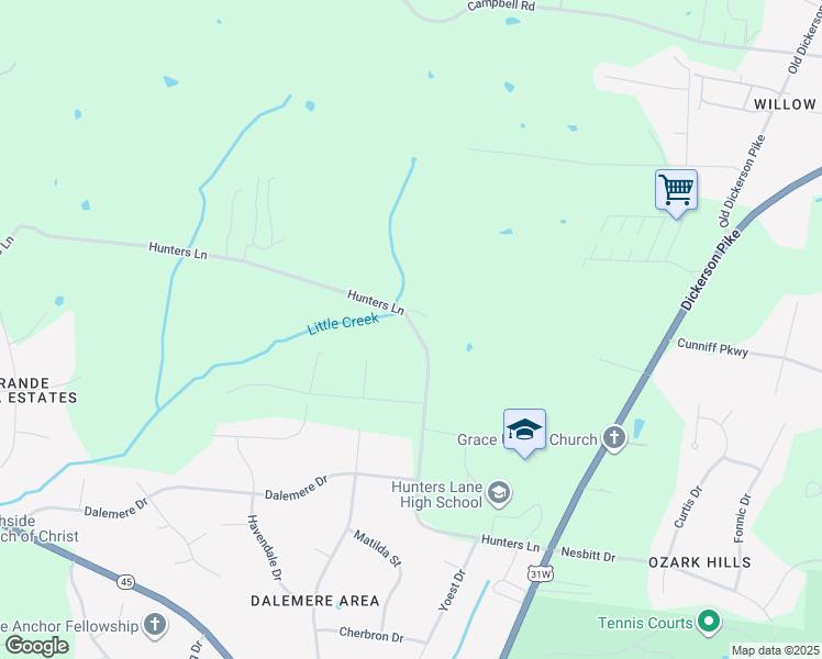map of restaurants, bars, coffee shops, grocery stores, and more near 1321 Hunters Lane in Nashville