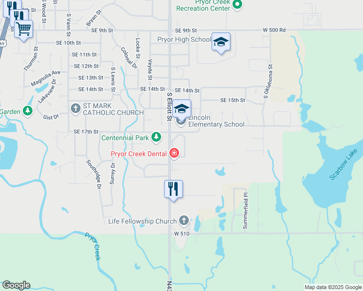 map of restaurants, bars, coffee shops, grocery stores, and more near 1707 South Elliott Street in Pryor