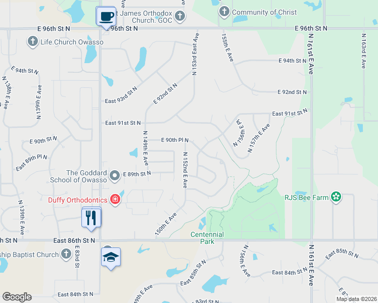 map of restaurants, bars, coffee shops, grocery stores, and more near 9002 North 152nd East Avenue in Owasso