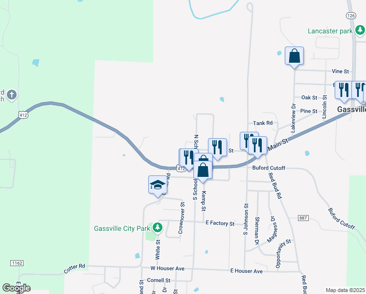map of restaurants, bars, coffee shops, grocery stores, and more near 100-118 North School Place in Gassville
