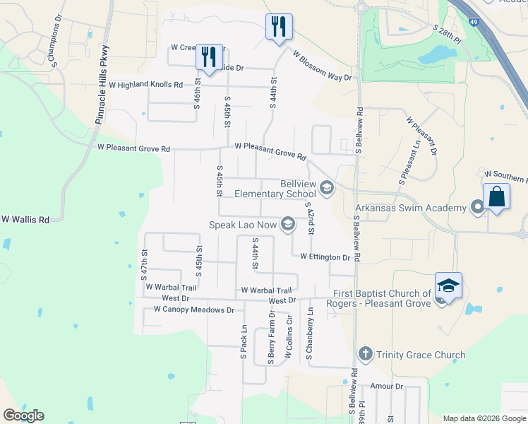 map of restaurants, bars, coffee shops, grocery stores, and more near 4312 West Braymore Drive in Rogers