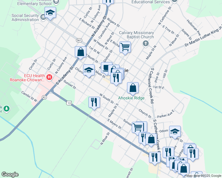 map of restaurants, bars, coffee shops, grocery stores, and more near 102 East Church Street in Ahoskie